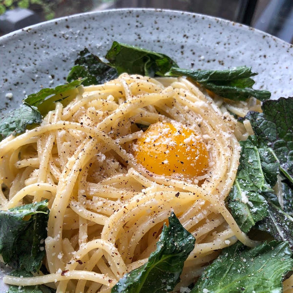 Creamy Spaghetti with Mustard Greens