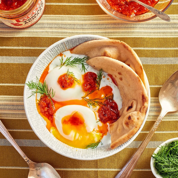 Turkish Eggs (Cilbir) with Tomato Achaar