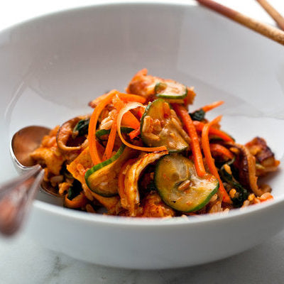 Bibimbap With Tofu, Cucumbers, Spinach, Shiitakes and Carrots