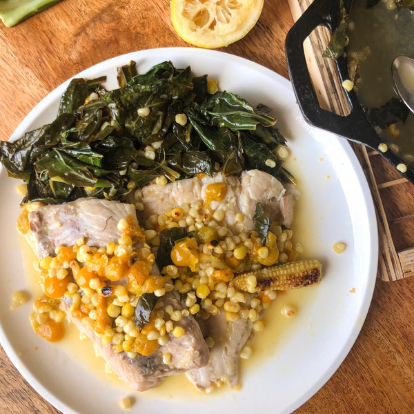 Blue Fish with Ground Cherries, Corn and Collard Greens