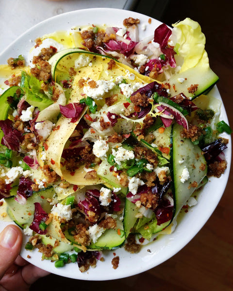 Zucchini Ribbon and Radicchio Salad with Warm Garlic Scape Oil