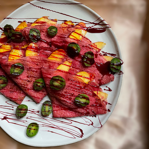 Beet Crepes with Fresh Fruit and Beet Caramel Drizzle