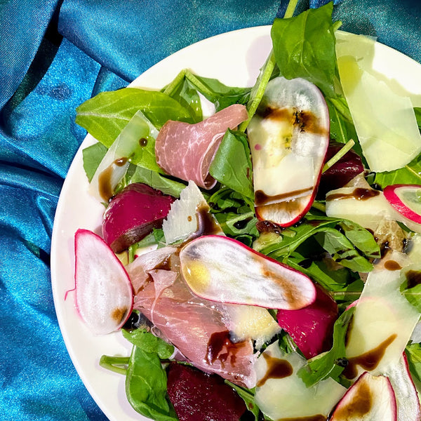 Arugula Salad with Pickled Beets, Crunchy Radishes, and Prosciutto