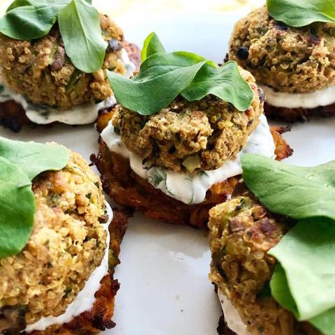 Mini Quinoa Mushroom Burger with Cilantro Yogurt on Sweet Potato Latkes