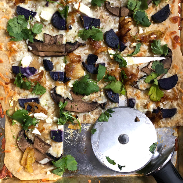 Blue Potato, Mushroom & Caramelized Onion Flatbread Pizza