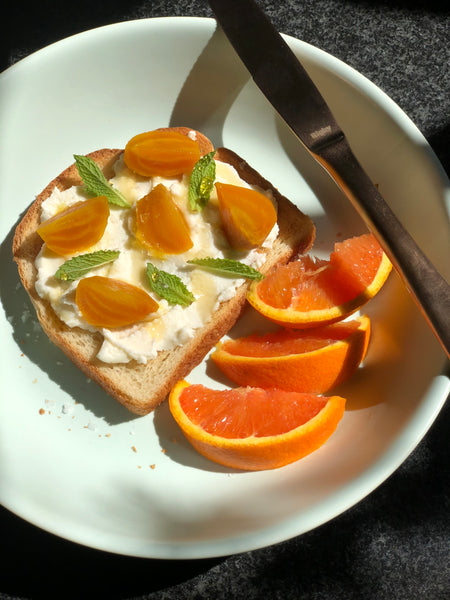 Braised Golden Beets & Ricotta Honey Toast