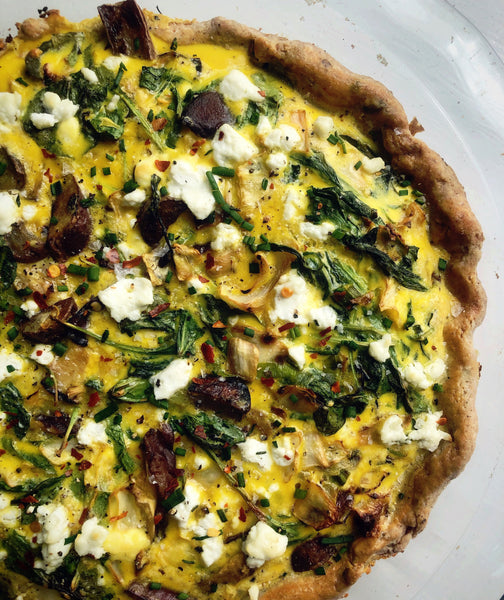 Spinach and Mushroom Quiche with a Buttery Garlic-Chive Crust