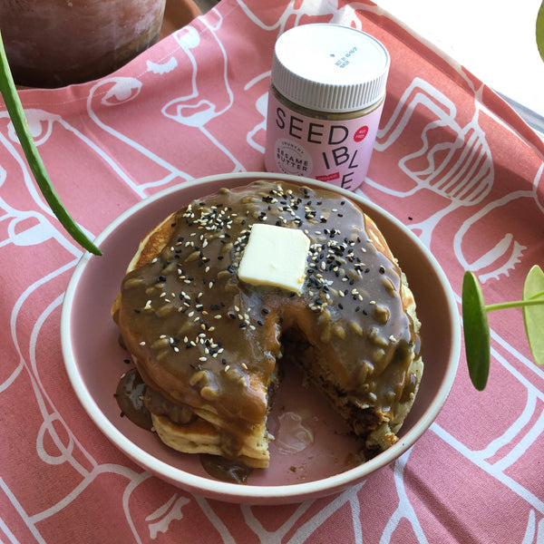 Chocolate Chip Pancakes with Chunky Sesame Butter Maple Syrup