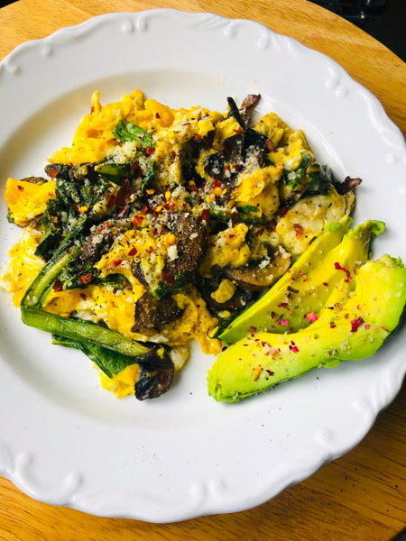 Parmesan, Mushroom, Dandelion Green Scramble