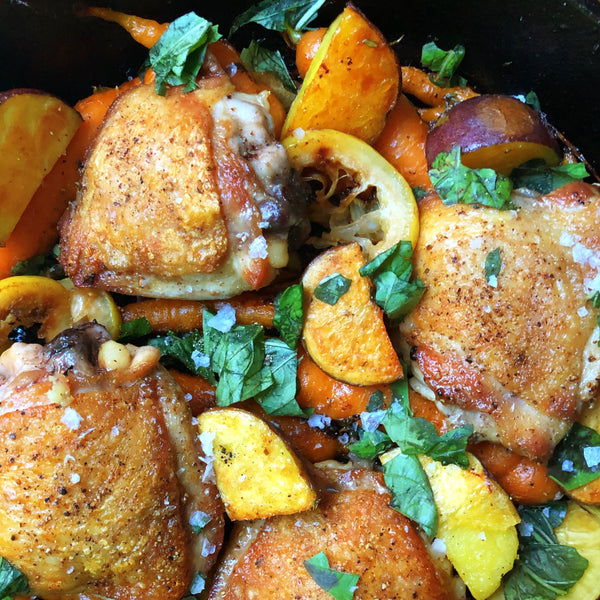 Crispy Chicken Thighs with Potatoes, Carrots, and Thyme