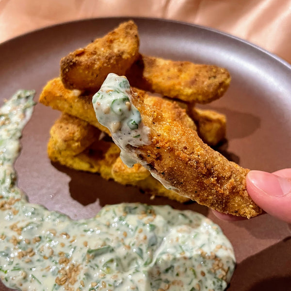 Baked Kohlrabi Fries with Cilantro Dipping Sauce