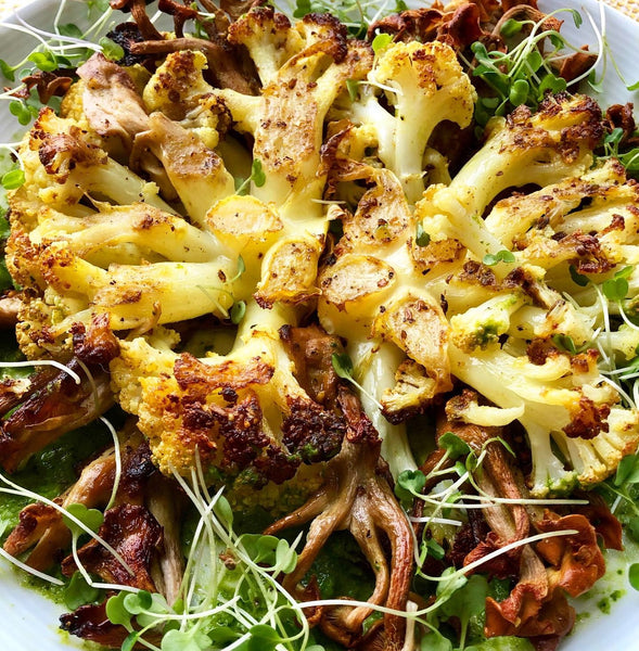 Roasted Cauliflower and Oyster Mushrooms with Cilantro Chutney