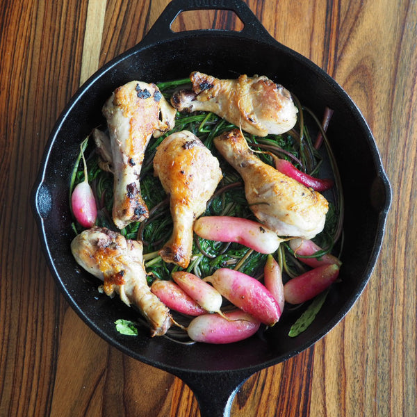 Roast Chicken Drumsticks & French Breakfast Radishes w/ Dandelion Greens