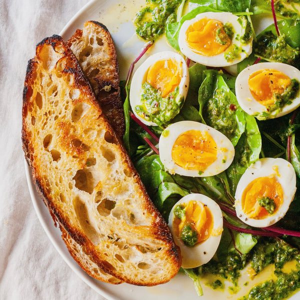 Soft-Boiled Eggs with Spring Salsa Verde, Salad Greens, and Grilled Bread