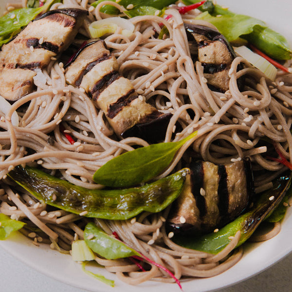 Miso Grilled Eggplant and Snap Pea Soba Noodles