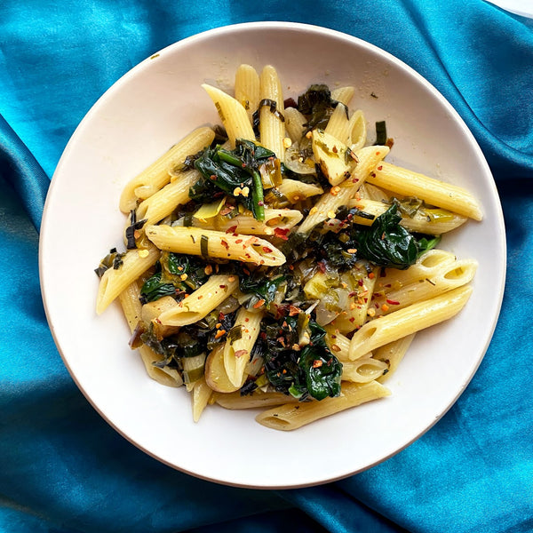 Leek Pasta with Potatoes, Spinach, and Chili