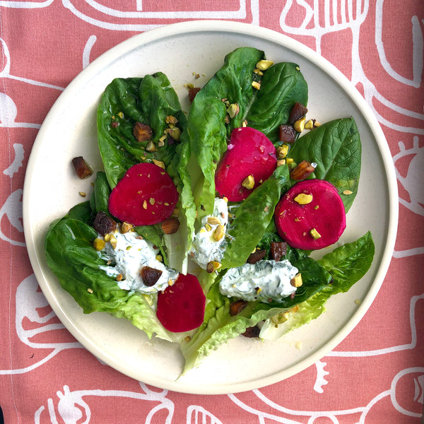 Mediterranean Little Gem Salad with Pickled Turnips & Homemade Labneh
