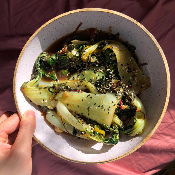 Mirin-Braised Bok Choy & Chard Leaves