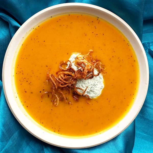 Roasted Squash Soup with Crispy Shallots and Dill Yogurt