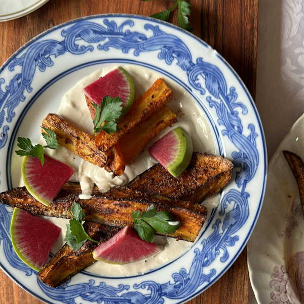 Air Fryer Eggplant and Carrots with Tahini Sauce