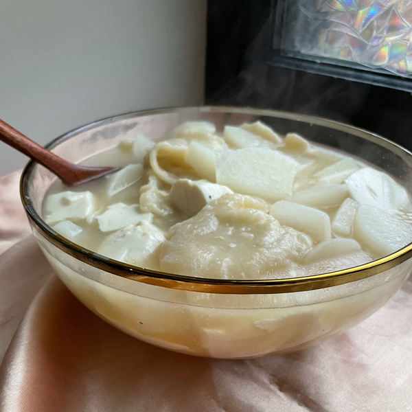 Daikon Miso Soup with Sujebi (Hand Torn Noodles)