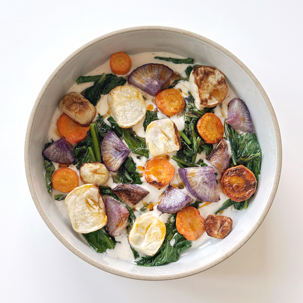 Roasted Radishes and Sautéed Radish Greens Over Tahini Yogurt