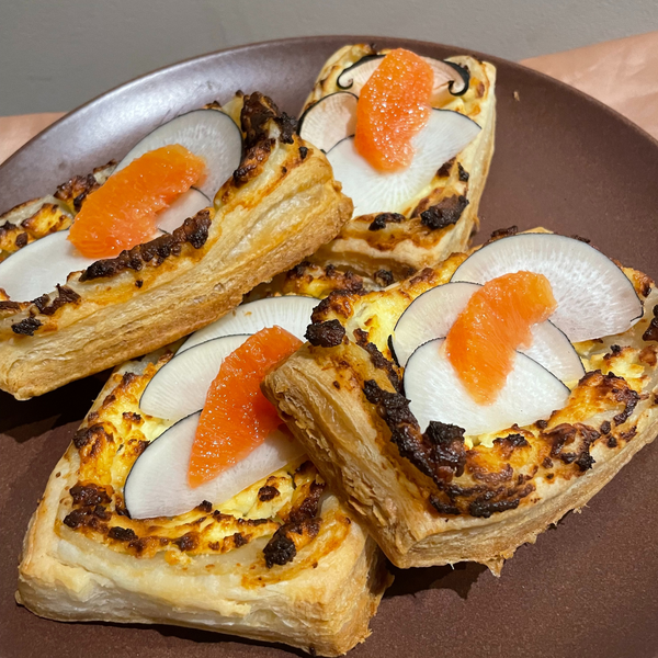 Black Radish, Orange and Feta Tarts