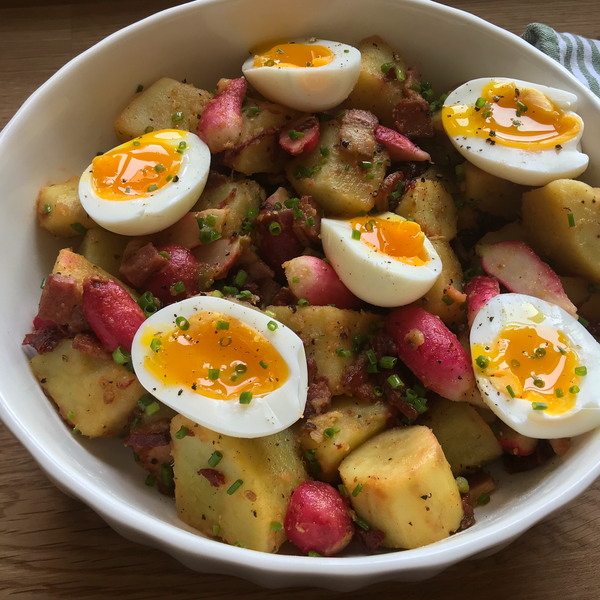 Sweet Potato Egg Salad with Bacon and Chipotle Peppers