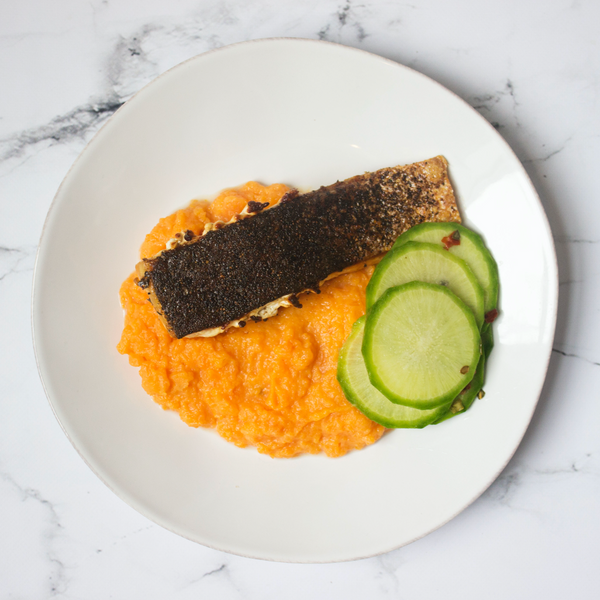 Crunchy Salmon With Mashed Sweet Potato & Pickled Radish