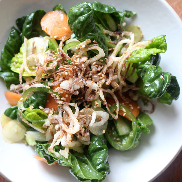 Tatsoi Salad with Sesame, Ginger, and Crispy Shallots