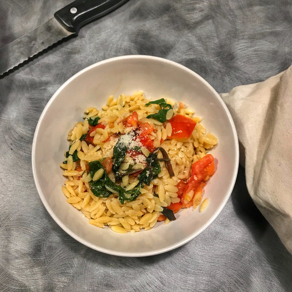 Aglio Olio Orzo with Tomatoes and Baby Spinach