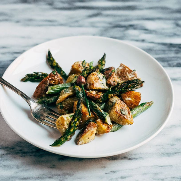 Roasted Potato, Sunchoke, and Asparagus Salad with Ramps