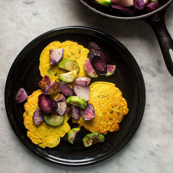 Chickpea & Scallion Pancakes with Sumac Root Veg