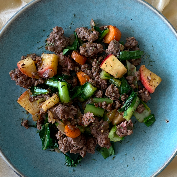 Ground beef saute with apples and greens