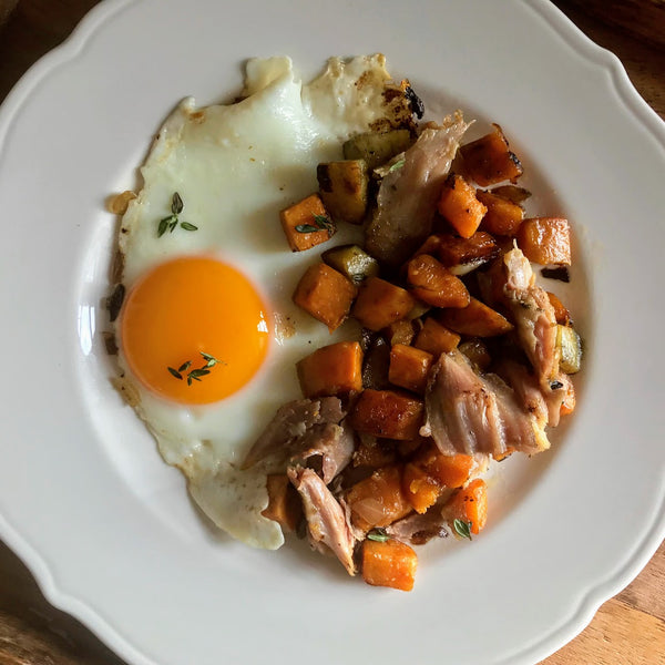 Sweet Potato Hash with Turkey and Fried Eggs